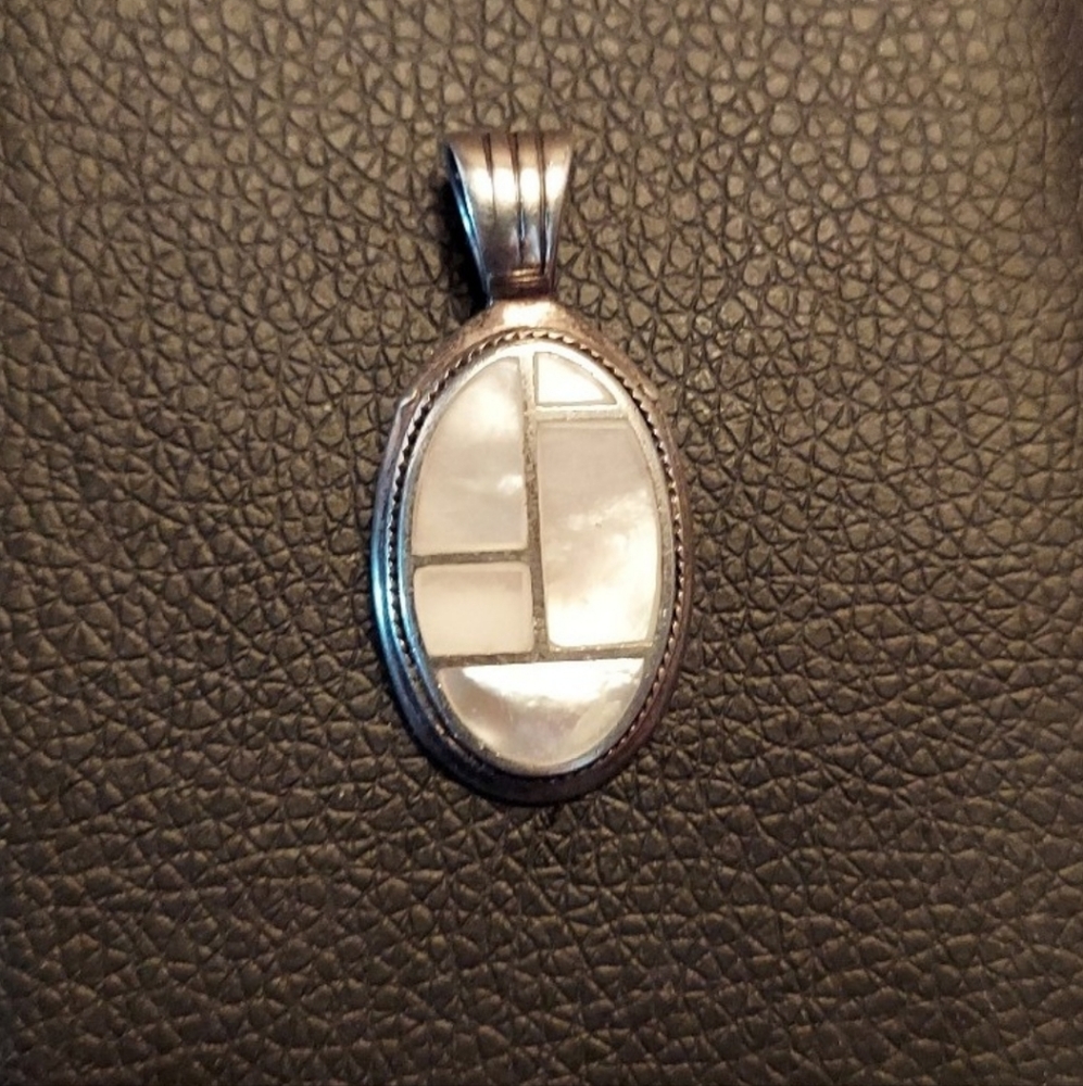CFJ Pendant Stamped .925 Sterling Silver Mother of Pearl Inlay